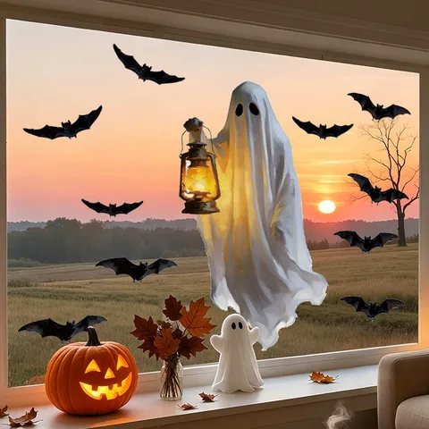 Halloween Ghost Bat Wall Sticker Self Adhesive PVC Window Decal Removable Horror Spooky Pattern Ornament For Holiday Home Party Decoration