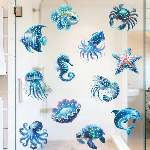 Ozean Tiere Wandaufkleber Blaues Sternenlicht Oktopus Qualle PVC Selbstklebende Badezimmer Wanddeko Cartoon Schildkröte