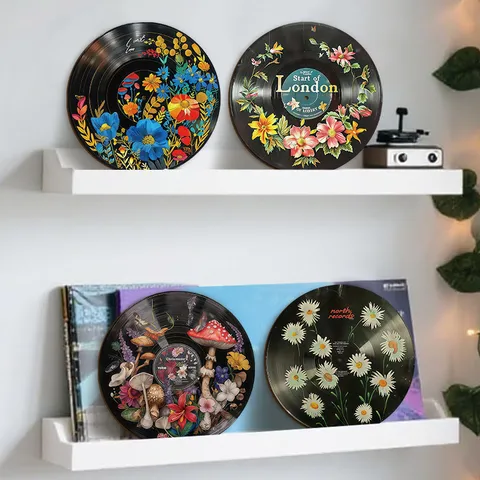 Decorazione Murale in Legno a Disco Vinile Vintage Set Retrò con Fiori e Funghi da Appendere per Soggiorno Camera da Letto