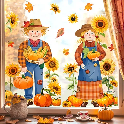 Thanksgiving Static Cling Autumn Scarecrow Sunflower Window Sticker PVC Glass Decal For Kitchen Living Room Home Decor