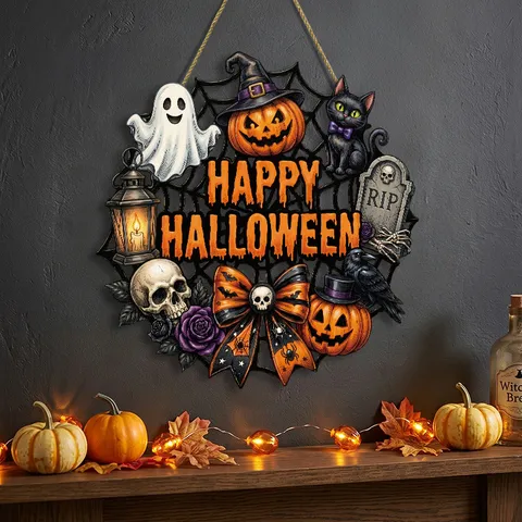Cartello da Appendere in Legno Cavo per Halloween Gatto Nero Zucca Fantasma RIP Decorazione Murale Ornamento per Feste