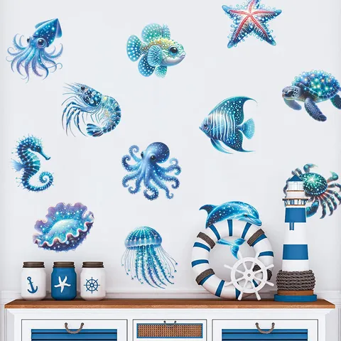 Ozean Tiere Wandaufkleber Blaues Sternenlicht Oktopus Qualle PVC Selbstklebende Badezimmer Wanddeko Cartoon Schildkröte