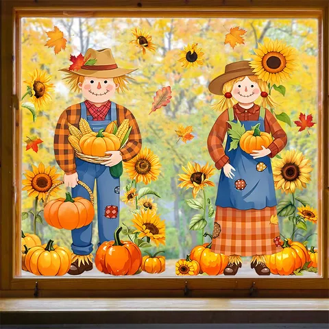 Thanksgiving Static Cling Autumn Scarecrow Sunflower Window Sticker PVC Glass Decal For Kitchen Living Room Home Decor