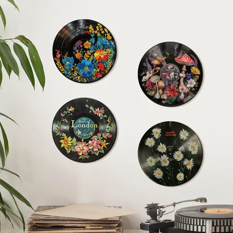 Decorazione Murale in Legno a Disco Vinile Vintage Set Retrò con Fiori e Funghi da Appendere per Soggiorno Camera da Letto