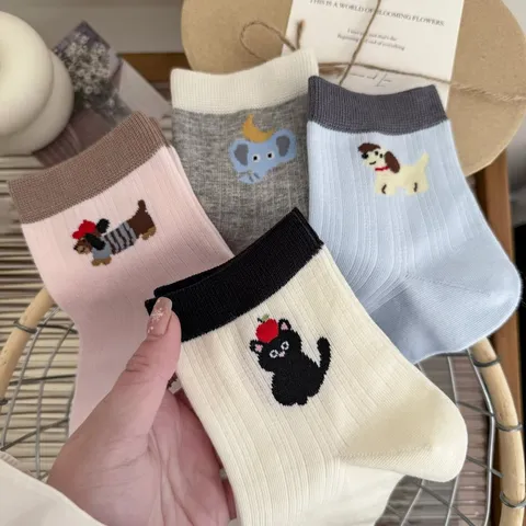 Women's Cute Dachshund Cartoon Embroidery Short Tube Socks Casual Ins Style Breathable Soft Cotton Crew Socks