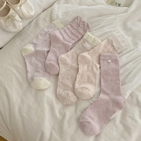 Chaussettes Mi-Mollet Fines et Respirantes Printemps Été pour Femmes Style Japonais Doux Rose Mignon Slouch Socks Mélange de Coton Mode