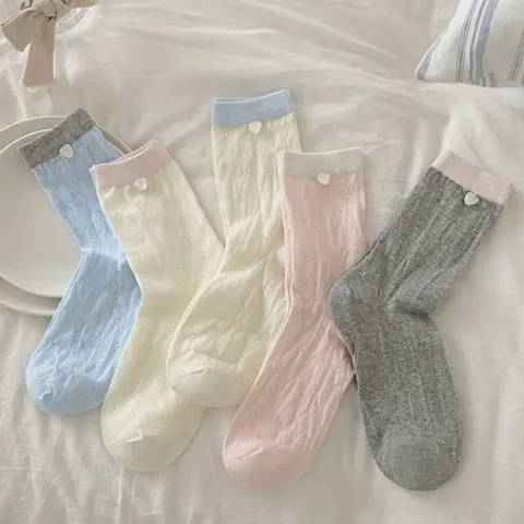 Women Summer Thin Mesh Breathable Cotton Mid Tube Socks Japanese Style Contrast Color Button Accessory Slouch Socks