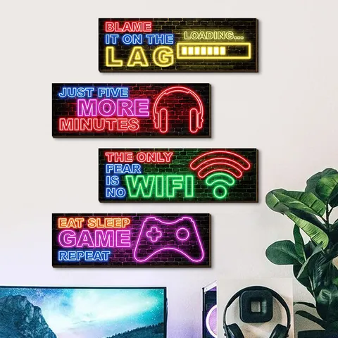 Modern Wood Neon Gaming Wall Hanging Printed Cyberpunk Gamepad Slogan Plaque Sign Home Bedroom E-Sports Room Decor Gift