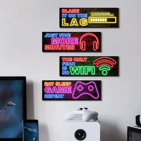 Modern Wood Neon Gaming Wall Hanging Printed Cyberpunk Gamepad Slogan Plaque Sign Home Bedroom E-Sports Room Decor Gift