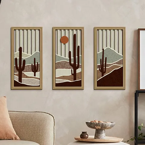 Wooden Desert Wall Decor 3 Pieces Set Cactus Sunset Hollowed Out Wall Art Western Style Living Room Decor Bohemian Hanging Sign