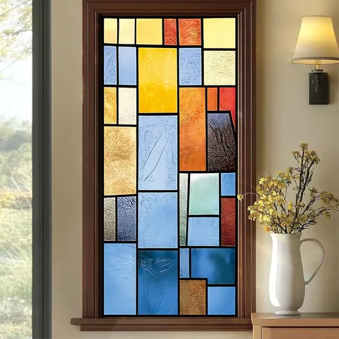 European Vintage Stained Glass Window Film Geometric Privacy Decorative Static Cling Window Sticker For Glass Door Cabinet Home Decor