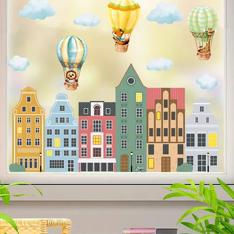 Bohemian Colorful House Wall Sticker Animal Hot Air Balloon PVC Decal For Kids Room Nursery School Window Decoration