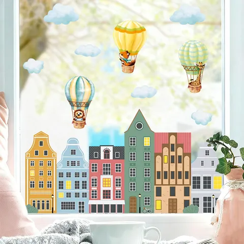 Bohemian Colorful House Wall Sticker Animal Hot Air Balloon PVC Decal For Kids Room Nursery School Window Decoration
