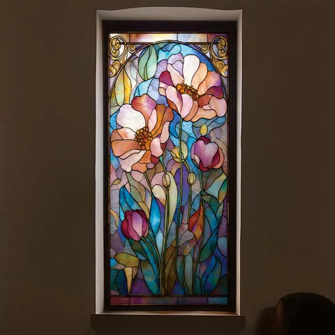Film pour Vitre en Vitrail Européen Vintage Autocollant de Vitre Intimité Statique Rose Florale Multicolore pour Décoration Maison Bureau Fenêtre Salle de Bain