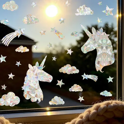 Bohemian Laser Holographic Unicorn Window Stickers PVC Static Cling Cloud Star Decals For Kids Bedroom Glass Decoration