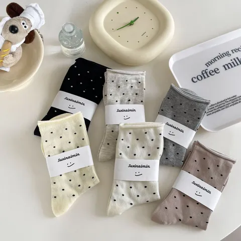 Women Casual Cotton Polka Dot Rolled Cuff Crew Socks Japanese Style Breathable Sweat Absorbent Daily Socks Fashion Footwear