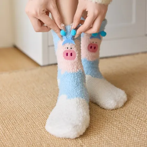 Women Winter Thickened Coral Fleece Sleep Socks Cute Cartoon Animal Warm Home Floor Socks Soft Cozy Thermal Hosiery