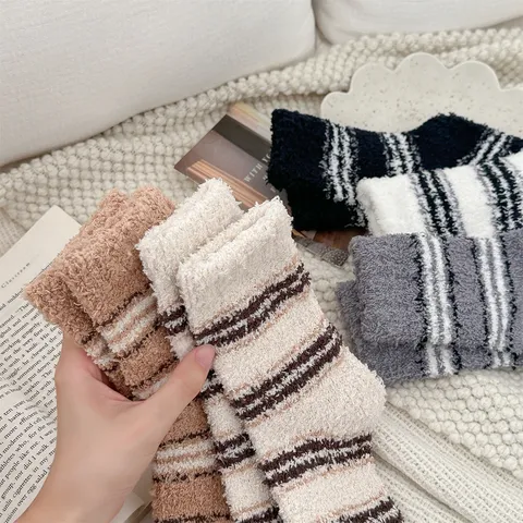 Men's Thickened Coral Fleece Sleeping Socks Retro Striped Warm Winter Floor Socks