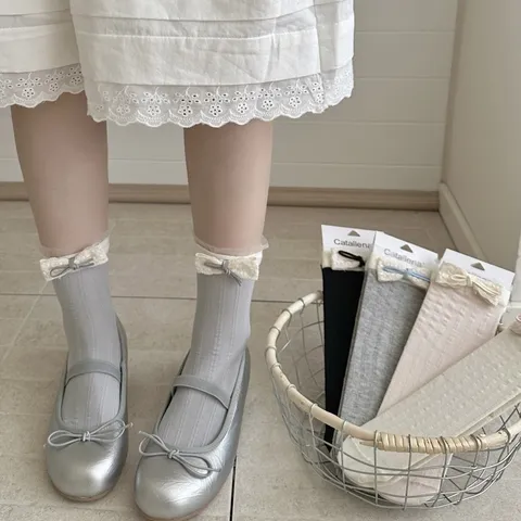 Women Lolita Lace Bow Stack Socks Sweet Cute Mesh Breathable Casual Cotton Mid Tube Socks For Girls Daily