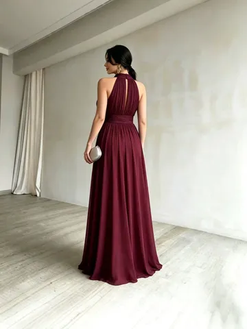 Vestido Maxi Francés Sin Mangas Halter Para Mujer Color Sólido Cintura Alta Gasa Vestido de Noche Fiesta Banquete