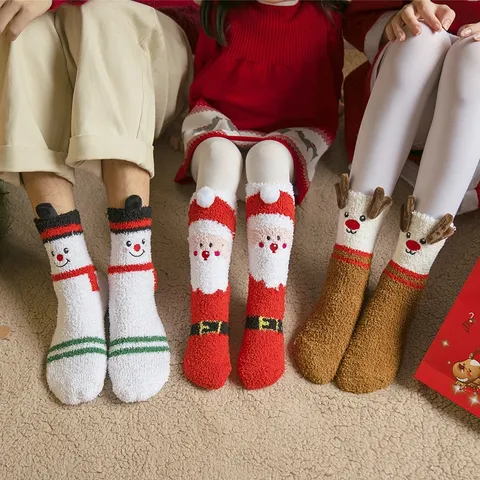 Coral Fleece Christmas Socks Thickened Warm Santa Elk Snowman Embroidery Sleep Floor Socks For Women And Kids Winter