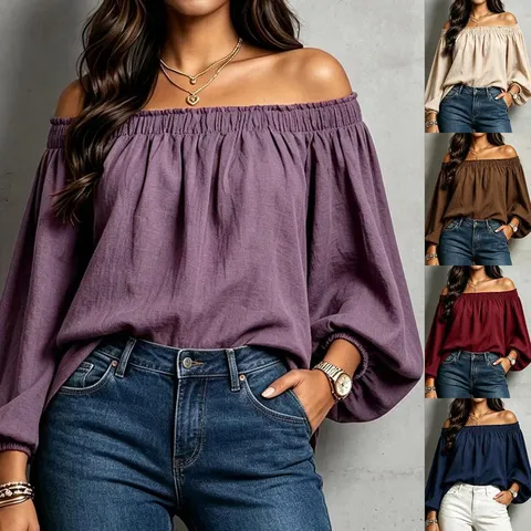Women Casual Off Shoulder Long Sleeve Blouse Solid Color Elastic Boat Neck Loose Pullover Top Female Fashion Clothing