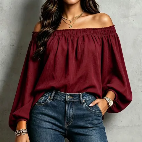 Women Casual Off Shoulder Long Sleeve Blouse Solid Color Elastic Boat Neck Loose Pullover Top Female Fashion Clothing