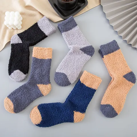 Herren Winter Verdickte Korallenfleece Wadenlange Socken Thermisch Warm Farbblock Rutschfest Boden Schlaf Socken