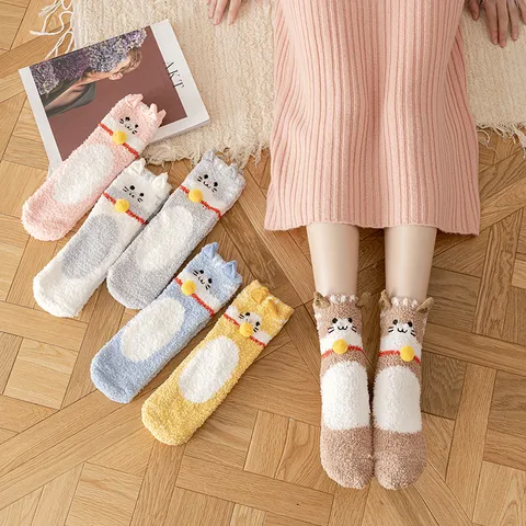 Women Coral Fleece Thickened Warm Sleep Socks Cute Cat Design Winter Home Floor Socks Soft Cozy Thermal Hosiery
