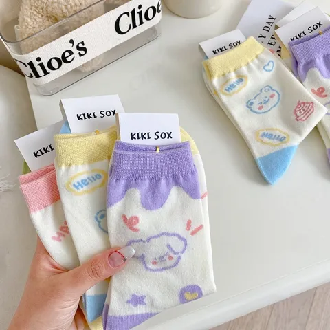 Chaussettes Mi-Hautes en Coton Décontractées pour Femmes Motif Mignon Dessin Animé Floral Grille Confort Quotidien Mode