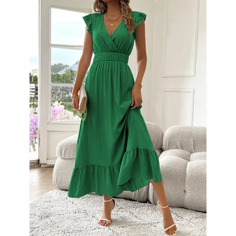 Damen Sommer Casual V-Ausschnitt Kurzarm Rüschensaum Hohe Taille Maxi Langes Kleid Einfarbig Elegantes Partykleid