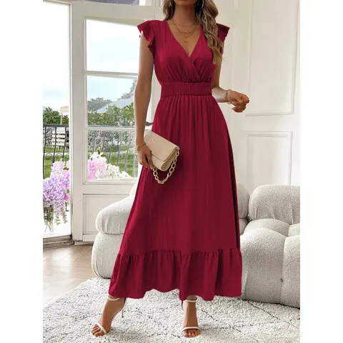 Damen Sommer Casual V-Ausschnitt Kurzarm Rüschensaum Hohe Taille Maxi Langes Kleid Einfarbig Elegantes Partykleid