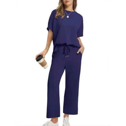 Dames Casual Zomer Top And Bottom Korte Mouw Ronde Hals T-Shirt En Trekkoord Wijde Pijpen Cropped Broek