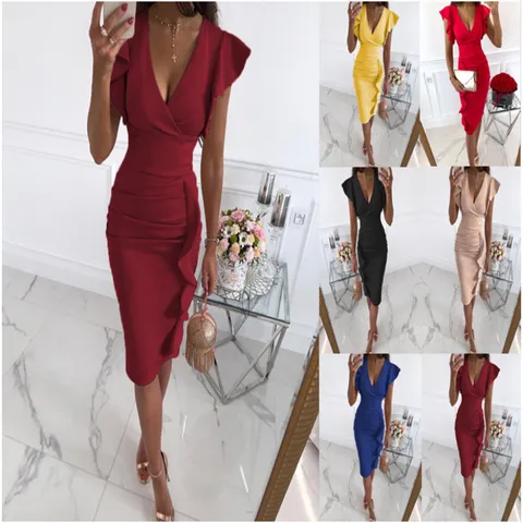 Dames Elegant V-hals Slanke Pasvorm Bodycon Midijurk Volants Korte Mouw Hoge Taille Effen Kleur Formele Feest Avondjurk