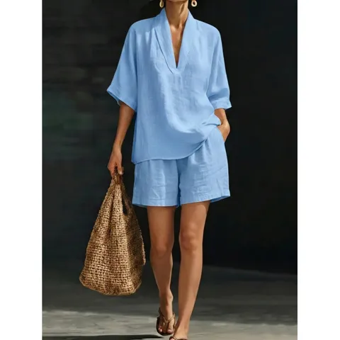 Set di Top e Shorts Casual da Donna con Scollo a V a Manica Corta Largo Tinta Unita con Tasche Abbigliamento Estivo