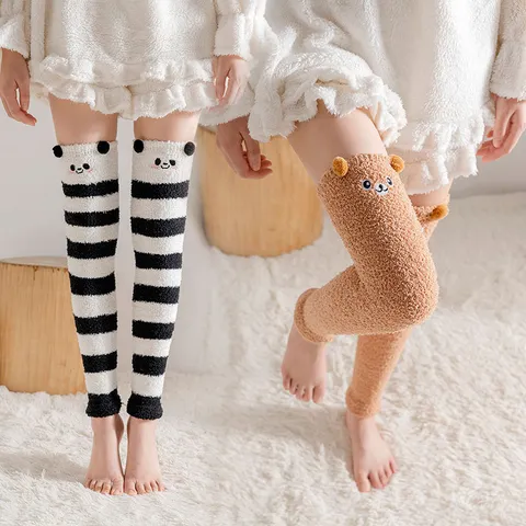 Women's Thickened Coral Fleece Over The Knee Socks Cute Cartoon Embroidered Striped Leg Warmers Winter Warm Sleep Floor Socks