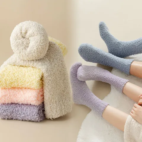 Women Thickened Coral Fleece Warm Floor Socks Solid Color Candy Color Soft Sleep Socks Winter Casual Home Hosiery
