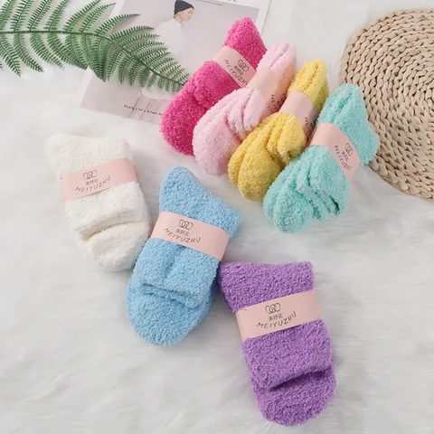 Solid Color Coral Fleece Sleep Socks Winter Warm Comfortable Thickened Mid Calf Socks Casual Soft Hosiery For Women