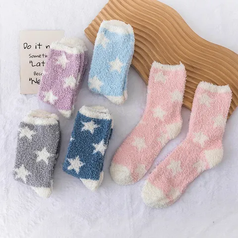 Women Winter Warm Coral Fleece Sleep Socks Thickened Plush Star Pattern Home Floor Socks Casual Soft Indoor Hosiery