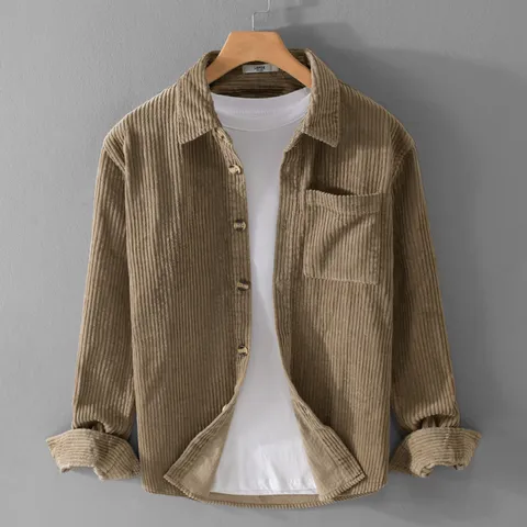 Chaqueta de Camisa de Pana de Manga Larga para Hombre Minimalista Casual Ajuste Holgado Retro Color Sólido Solapa Botonadura Sencilla Top