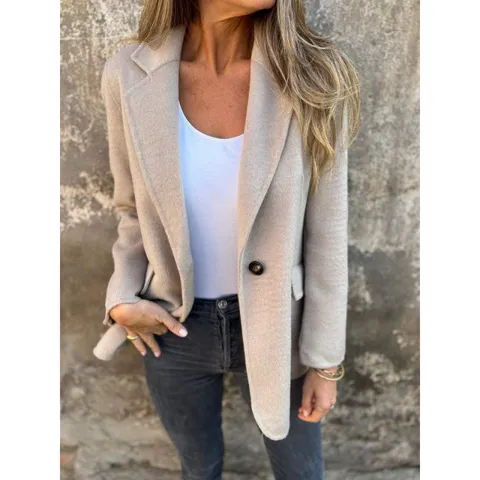 Giacca Blazer in Lana Casual da Donna Tinta Unita Risvolto Un Bottone Manica Lunga Cappotto Autunno Inverno