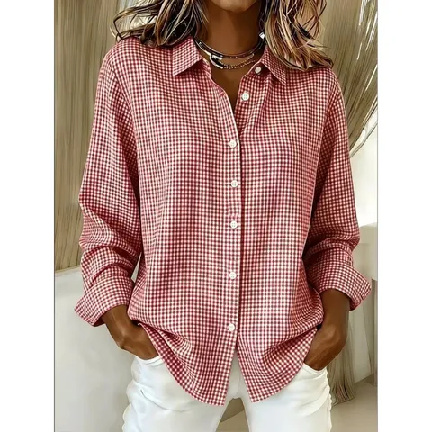 Camicia Blusa Casual Cotone Lino Quadri Manica Lunga Colletto Rovesciato Donna