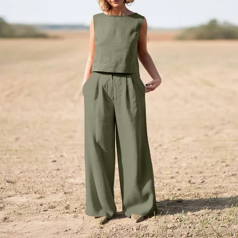 Completo Abbigliamento Estivo Largo da Donna in Cotone Tinta Unita Canotta Senza Maniche e Pantaloni Larghi