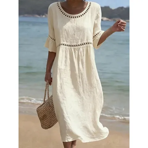 Dames Casual Katoen Linnen Lange Jurk Elegante Effen Kleur Ronde Hals Halve Mouw Vakantie Maxi Jurk