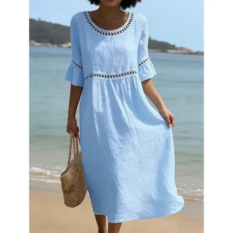 Dames Casual Katoen Linnen Lange Jurk Elegante Effen Kleur Ronde Hals Halve Mouw Vakantie Maxi Jurk