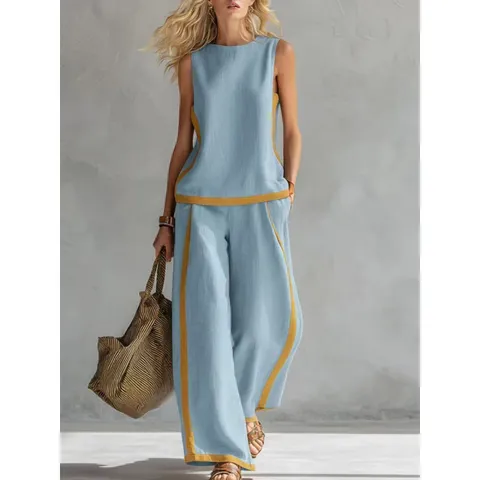 Dames Casual Zomer Tweedelig Set Mouwloos Ronde Hals Tanktop En Wijdere Pijpen Broek Kleurenblok Los Outfit