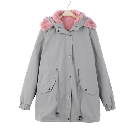 Women's Winter Mid-Length Parka Hooded Coat With Faux Fur Collar Lamb Wool Lining Casual Cotton-Padded Jacket Outerwear