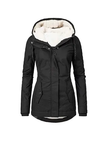 Women's Waterproof Padded Coat Faux Sherpa Lined Hooded Mid-length Winter Jacket Casual Solid Color Slim Fit Warm Outerwear Top