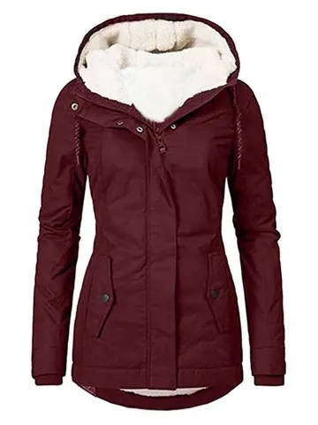 Women's Waterproof Padded Coat Faux Sherpa Lined Hooded Mid-length Winter Jacket Casual Solid Color Slim Fit Warm Outerwear Top