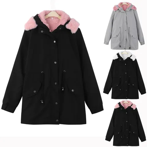 Women's Winter Mid-Length Parka Hooded Coat With Faux Fur Collar Lamb Wool Lining Casual Cotton-Padded Jacket Outerwear